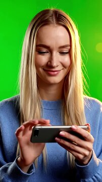 Green Screen chroma key cu caucasian female using generic smart phone horizontal orientation modern apartment interior background 4k uhd raw graded footage scene 3 with distortion, overlay, glitch