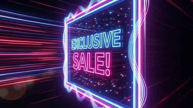 A vibrant neon sign advertising an exclusive sale in a dark background with colorful lights