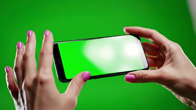Green Screen female hands holding a smartphone with on gray background chroma key copy space scene 1 distortion, overlay, glitch, static noise, scan lines black background, 4k animated video loop
