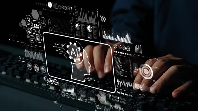 Hands Typing on Keyboard with AI Technology and Digital Interface Displaying Data Analytics and Graphs in Dark Environment. Asymptotic smart data analytic.
