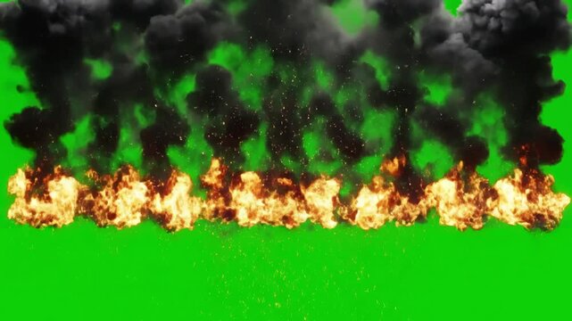 Energetic Fiery Division with wall or line of burst fire smoke isolated on green screen for chromakey use 4k uhd 60 fps 3d animation distortion, overlay, glitch, static noise, scan lines black