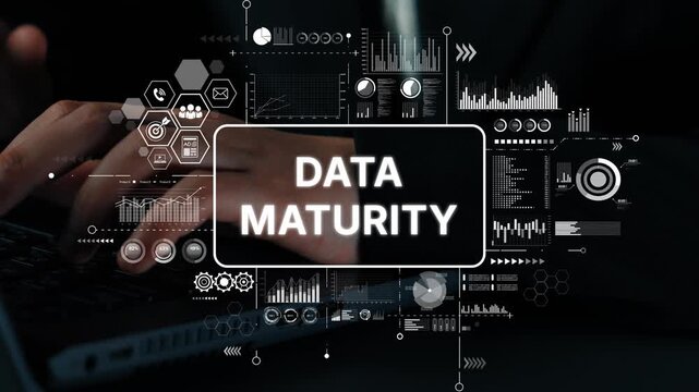 Concept of Data Maturity in Business Analytics with Hands Typing on Keyboard and Graphical Elements. Asymptotic smart data analytic.