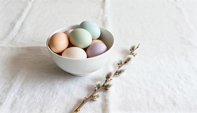 minimalist chic easter eggs in white porcelain bowl on linen with willow and copy space perfect for easter