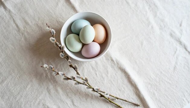 minimalist chic easter eggs in white porcelain bowl on linen with willow and copy space perfect for easter