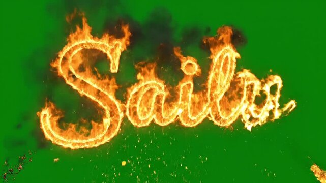 Fiery 'Saily' Text Effect on Green Screen Background with Flames and Sparks