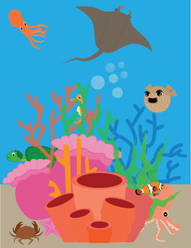 A vector art of an underwater environment, a coral reef with different sea creatures such as the stingray, clow fish, octopus, squid, crab, turtle and sea horse.