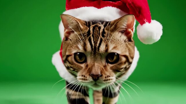 Green Screen 4k bengal cat on isolated with chroma key real shot dressed up in santa claus costume for christmas walking at camera scene 1 distortion, overlay, glitch, static noise, scan lines black