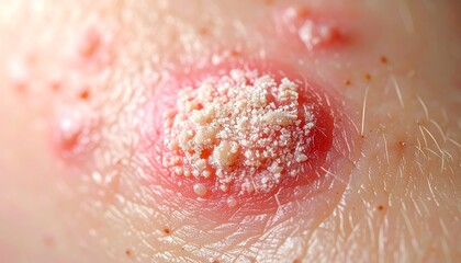 Fototapeta premium Close-up of a skin infection with visible inflammation and white scabs, indicating a dermatological condition.