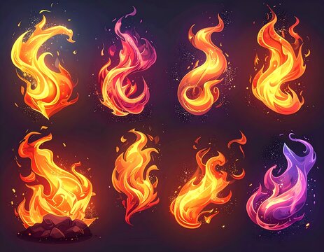 A collection of stylized flame graphics in various colors