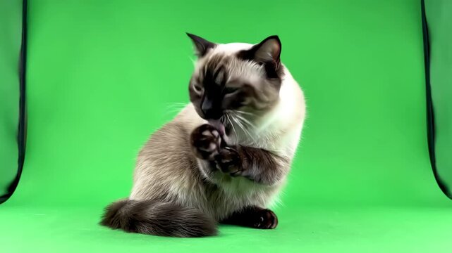 Balinese Cat Playful Actions with one on chroma key isolated domestic animal studio distortion, green screen overlay, glitch, static noise, scan lines black background, 4k animated video loop