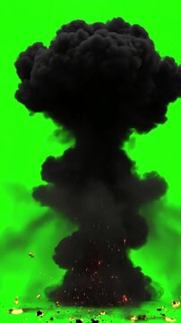 Dense Smoke and Fiery Debris with explosion effect embers black green screen distortion, overlay, glitch, static noise, scan lines on background, 4k animated video loop