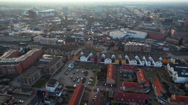 Aerial view around the old town of the city Enschede in the netherlands on a sunny late winter day