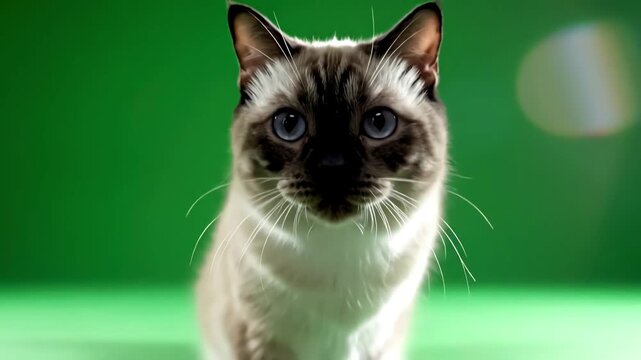 Green Screen one balinese cat on chroma key isolated domestic animal studio scene 3 with distortion, overlay, glitch, static noise, scan lines black background, 4k animated video loop