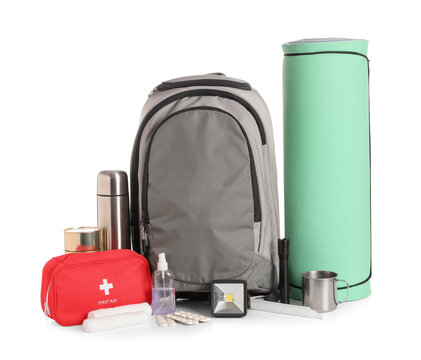 Emergency backpack with necessities on white background