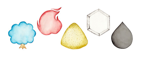 五行論　陰陽五行占い　5つの属性　水彩 イラスト