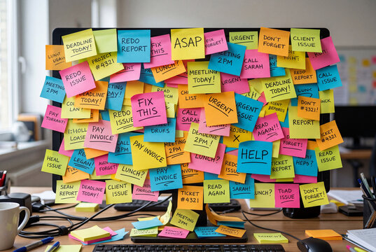 A computer monitor completely covered in colorful sticky notes with urgent business messages, representing work stress and deadline overload