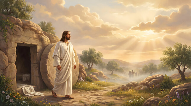 Jesus christ rising from his tomb at easter sunrise. Suitable for religious easter themes, resurrection, christian beliefs, faith concepts.
