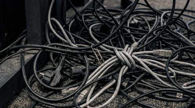 Close-up of a tangled mess of electrical and network cables on an office floor, symbolizing complexity and technical issues