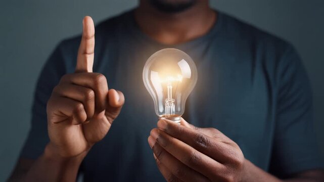 Man holding glowing light bulb for creative idea and innovation
