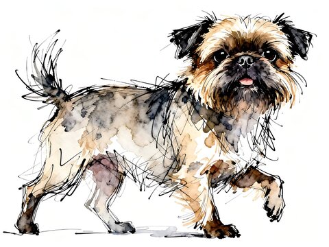 Minimalist abstract sketch series : happy Brussel Griffon dog, isolated studio portrait of a canine pet in pure white background 007