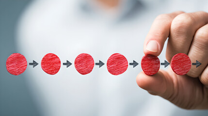 Naklejka premium Hand Selecting A Red Circle In A Linear Sequence Of Strategic Steps 