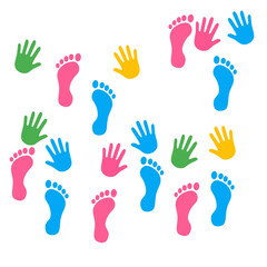 Fototapeta premium Colorful handprint and footprint pattern illustration representing children activities, education, creativity, and playful learning environments