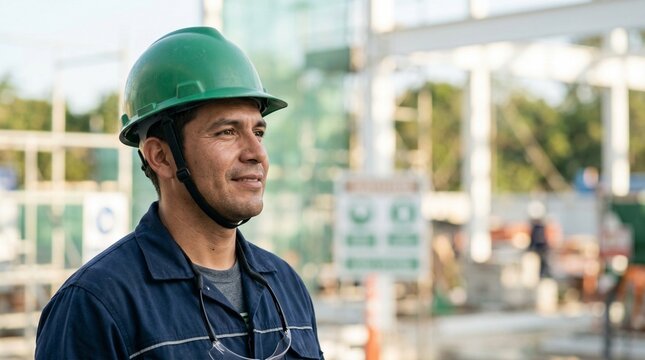 Trabalhador olhando para o horizonte com capacete verde simbolizando futuro seguro