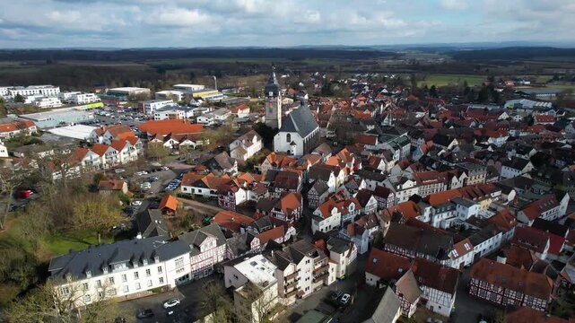 Aerial view around the old town of the city Lich in Germany on a sunny late winter day