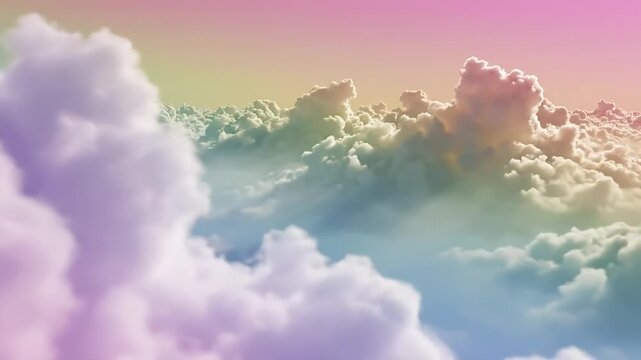 A mesmerizing view of fluffy, colorful clouds in a gradient sky, evoking a sense of wonder and tranquility