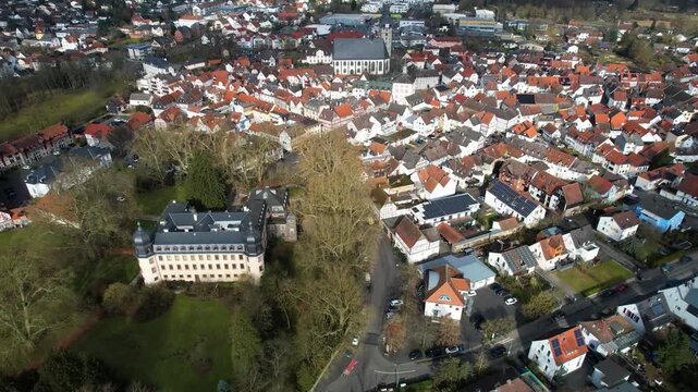 Aerial view around the old town of the city Lich in Germany on a sunny late winter day