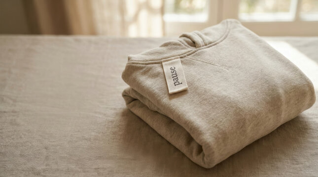 Gen z mental balance minimalist beige sweatshirt folded on bed near soft window light cozy home pause concept calm lifestyle serene morning neutral fabric texture detail