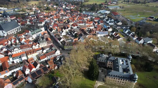 Aerial view around the old town of the city Lich in Germany on a sunny late winter day