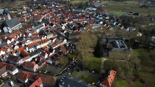 Aerial view around the old town of the city Lich in Germany on a sunny late winter day