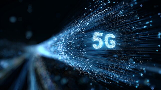 A futuristic representation of 5G technology with glowing blue lines and particles on a dark background