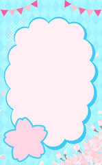 桜と水色背景のもこもこフレーム1_縦