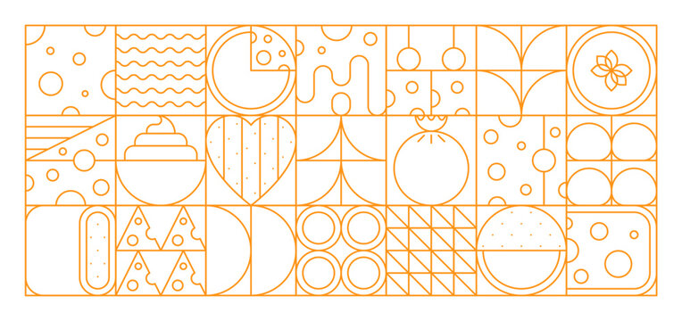 Cheese geometric pattern. Vector line art background in orange color, combining minimalistic food icons, abstract shapes, and playful symmetry. Modern linear tile, wallpaper or grid mosaic motif