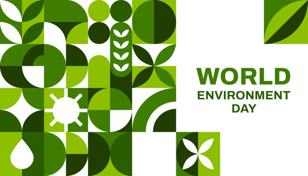World Environment Day poster with geometric pattern of vector ecology concept. Green leaves, drops, sun and abstract geometric shapes pattern for World environment Day poster or eco concept