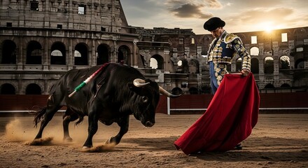 Brave matador confronts an aggressive bull within the grand ancient amphitheater's dusty ring at golden hour
