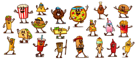 Obraz premium Cartoon groovy fast food characters of retro hippie burgers, drinks and junk snacks. Vector groovy fast food hamburger, pizza and chicken, cute ice cream, hot dog, soda and taco, popcorn and coffee