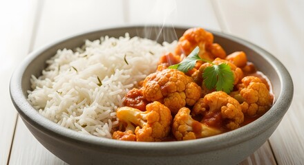 Delicious Cauliflower Curry with Basmati Rice in a Rustic Bowl.