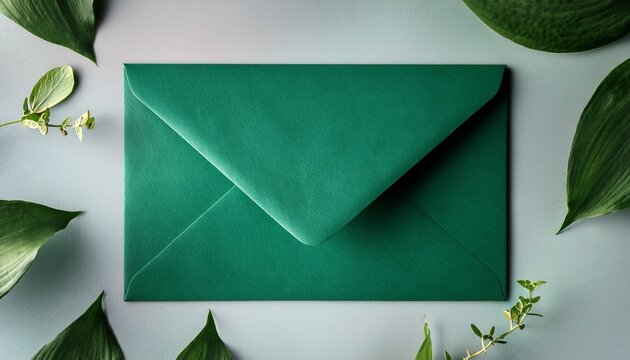 green envelope on table with abstract background and leaves