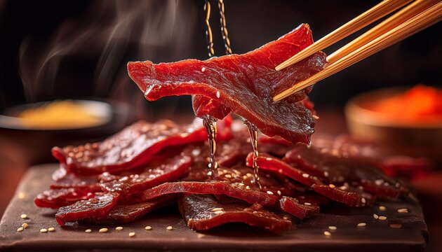 a close up of juicy beef jerky being held by chopsticks generative ai