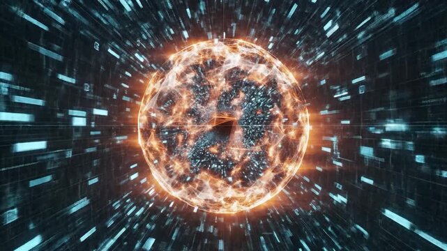 Abstract glowing sphere with data connections radiating through a digital