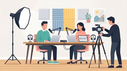 Fototapeta premium Recording a podcast with a video camera and professional audio equipment in a modern studio setup