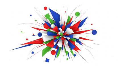 Abstract graphic illustration of dynamic shapes and colors exploding from center, featuring splashes, fragments, and vibrant hues in a digital artwork.