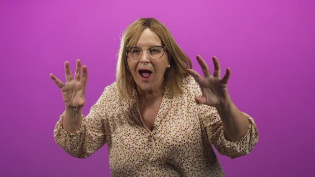 Woman wearing glasses and a floral blouse with outstretched hands reaching toward camera in studio; surprise playfulness.