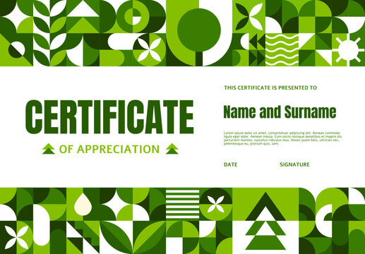 Ecology environment diploma certificate with geometric pattern of vector green shapes. Eco energy, ecology and environmental sustainability certificate, diploma or award with abstract green pattern
