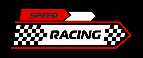 Naklejka premium Race car, motocross sport sticker or label. Rally motorsport emblem patch, car race championship decal vector label. Motorcycle racing sticker with checkered pattern, red arrows and typography