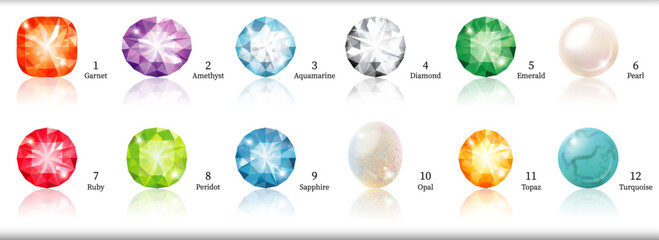 反射付き誕生石セット 1〜12月 カラフル宝石アイコン（背景透過PNG）