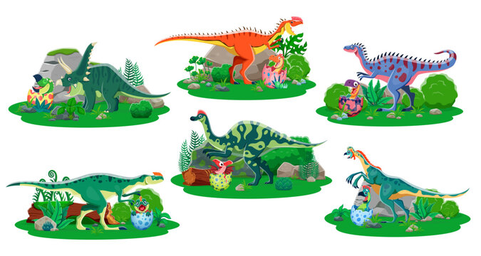 Dinosaur mothers with kids in eggshells, vector prehistoric animal families. Cartoon cute babies and happy moms dino characters set, eggs and trees. Funny jurassic dinosaur mothers and kids in jungle